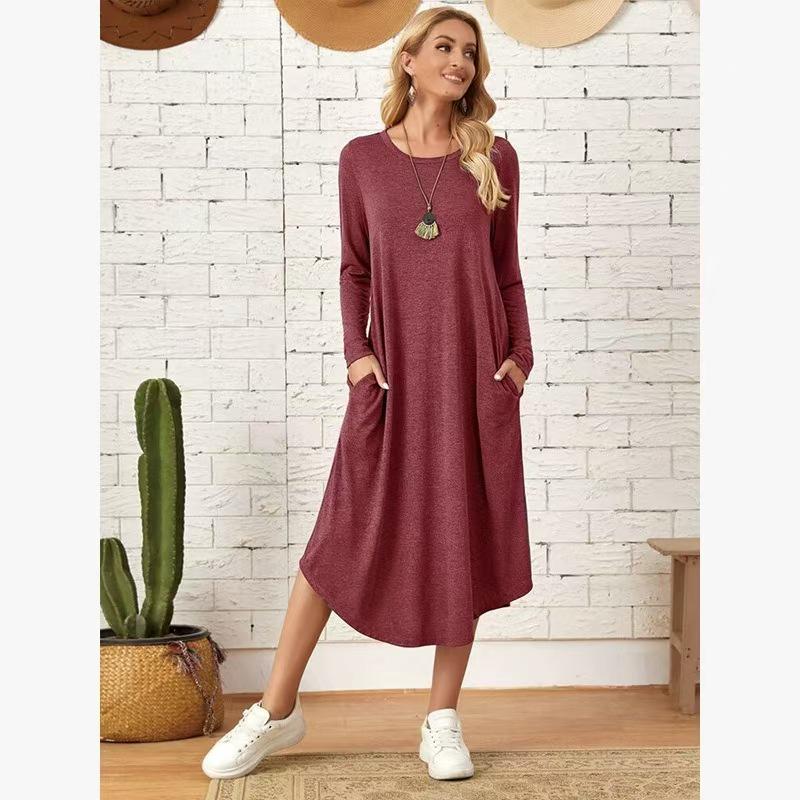 

European & American Women s Mid-Length Dress with Slant Pockets and Curved Hem, 2026 Collection XXL вино красного