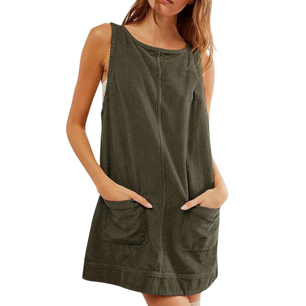 Women's Fashion Corduroy Solid Color Round Neck A Line Vest Dress Pinafore With Pockets