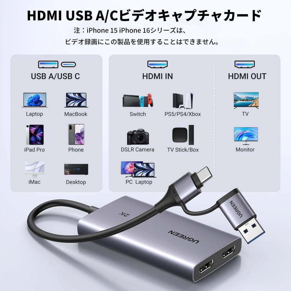 UGREEN HDMI Capture Board Funktion USB Full HD 1080P 60Hz Ultra Low Latency Kompatibel mit 2K@30Hz 4K@30Hz Pass-Through 3.0 Aufnahme, Switch, PS5,