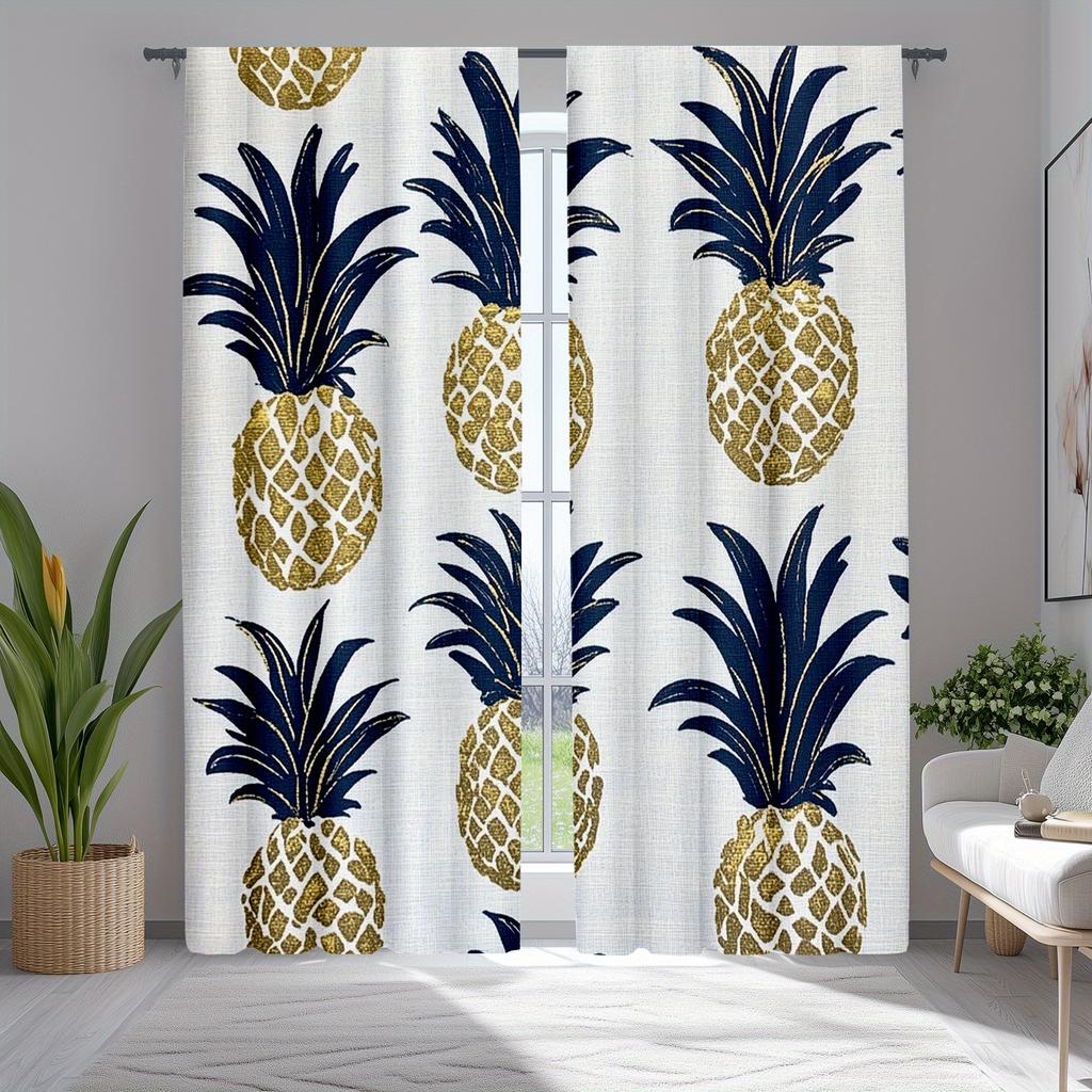 2pcs Pineapple Curtains, Rustic Tropical Fruits and Hawaii Summer Beach Design