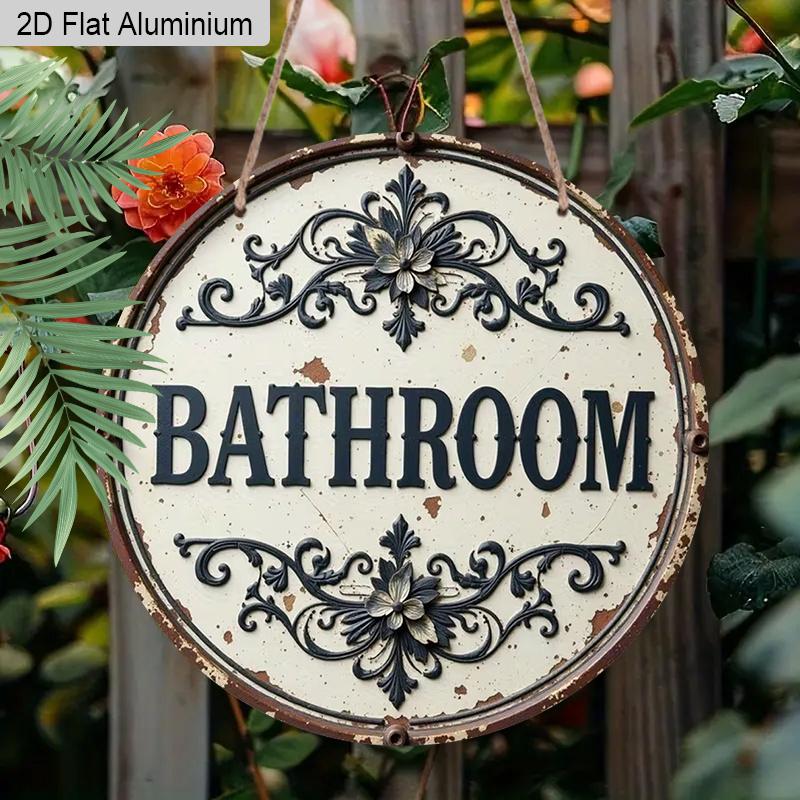 

2D Flat Aluminum Rustic Bathroom Sign for Door - Vintage Farmhouse Wall Decor, Round Aluminum Metal Hanging Plaque, Shabby Chic Faux Embossed 1pc