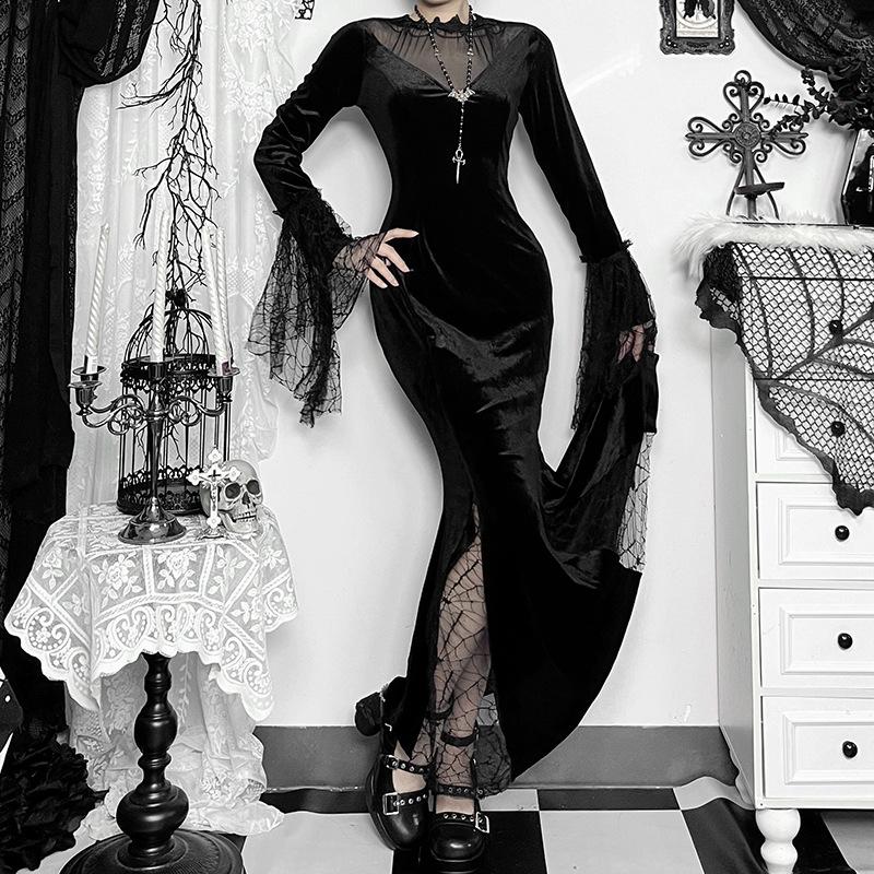 AltGoth Gothic Dark Halloween Velvet Dress Women Vintage Fairy Grunge Lace Patchwork Flare Sleeve High Waist Evening Party Dress
