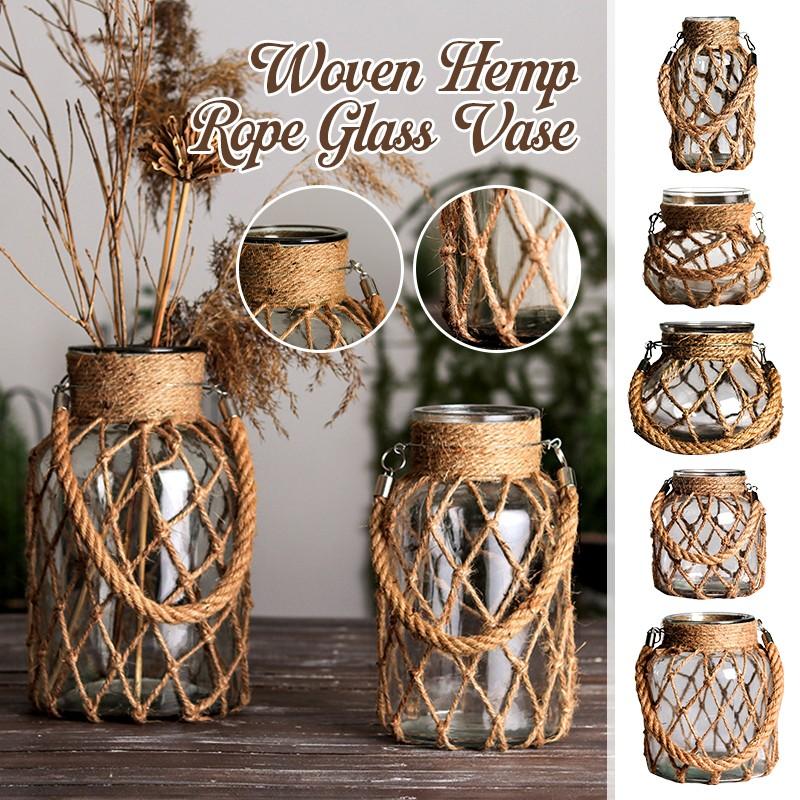 Hand Glass Vase Dry Flower Decor Woven Hemp Rope Vase Art Retro Hydroponics Vase Transparent Living Room Decor Table Ornament