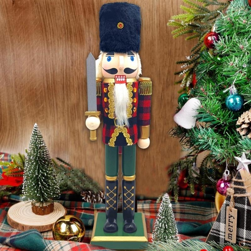 Traditional Wood Checkered Nutcrackers 38cm Figure Ornament Christmas Soldier King Puppet Figurine Holiday Decoration
