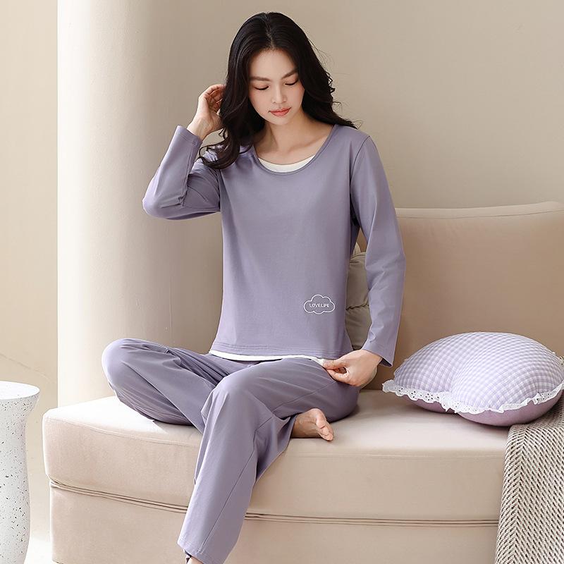 Pure cotton pajamas women's spring and autumn long-sleeved round neck casual fake two pieces women's autumn can wear loungewear suit