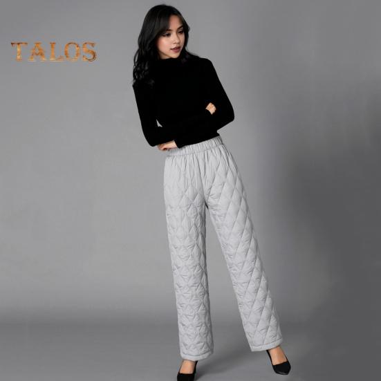 Autumn Winter Cotton Pants Rhombus Quilted Straight Wide Leg Long Pants with Pockets Solid Color Thickened Warm Trousers