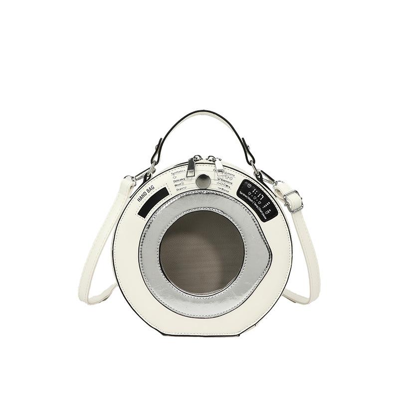 

Personalized and creative small bag women 2025 new fashion niche versatile washing machine shape portable messenger small round bag белый