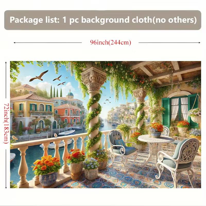 2D Italy Venice Balcony Color Canal Building Flower Vine Bird Backdrop Mediterranean Wall Tapestry 47.2x31.5inch/120*80cm