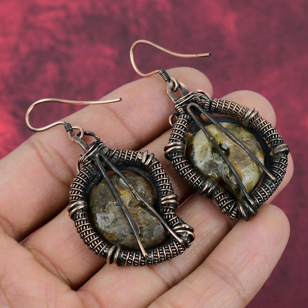 Ammonite Fossil Earring Copper Wire Wrapped Earring Elegant Jewelry Handmade Gemstone Earring Gifts For Wife Stylish Earrings Copper Jewelry
