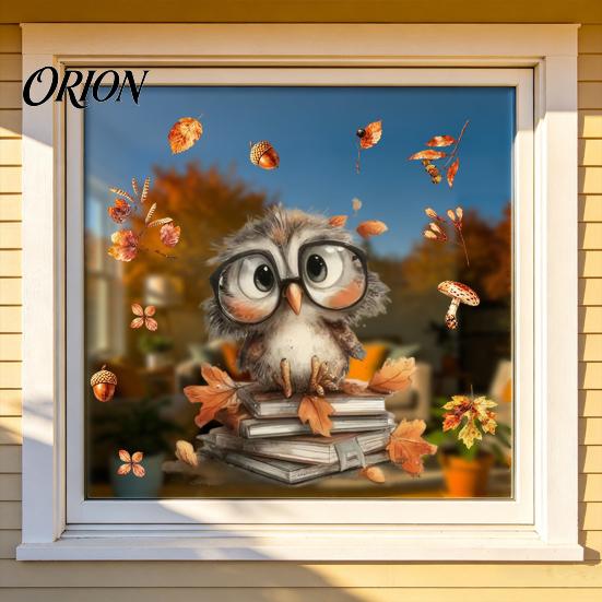 Reusable Animal Wall Decals for Windows Autumn Static Window Sticker with Cute Animals & Maple Leaves, Removable Harvest Self Adhesive Glass Stickers