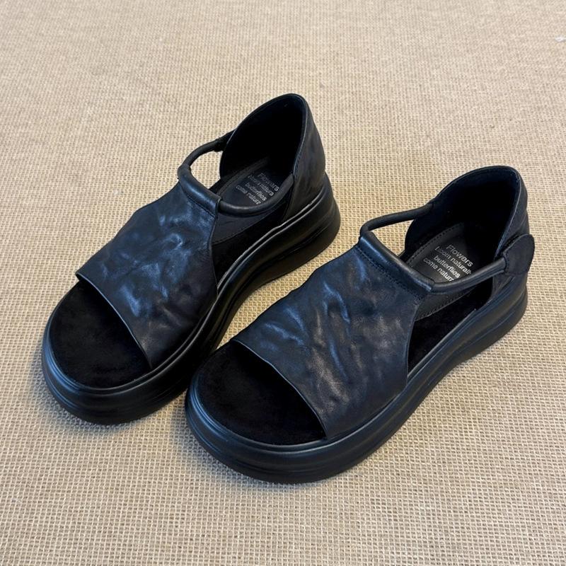 

Вариант из овчины! Ретро повседневные сандалии на платформе с полым маффином, женская мода, лето, новые универсальные маленькие римские туфли 40 чёрный