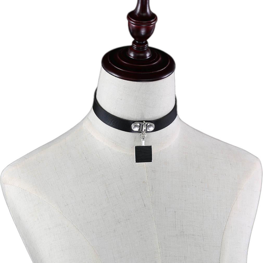 Harajuku Geometric Square Choker, Block Pendant PU Leather Short Clavicle Necklace