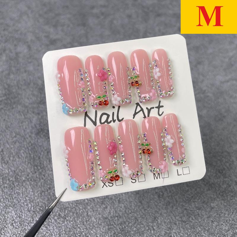 

10Pcs Handmade Fake Nails Nude Pink Color Press On Nails Shiny Diamond Flower Designs Full Cover Reusable Nail for Girls&Women
