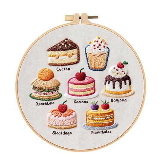 1 Set Cake Embroidery Kit with Hoop Threads Needles Pre-Stamped Dessert Cross Stitch Craft