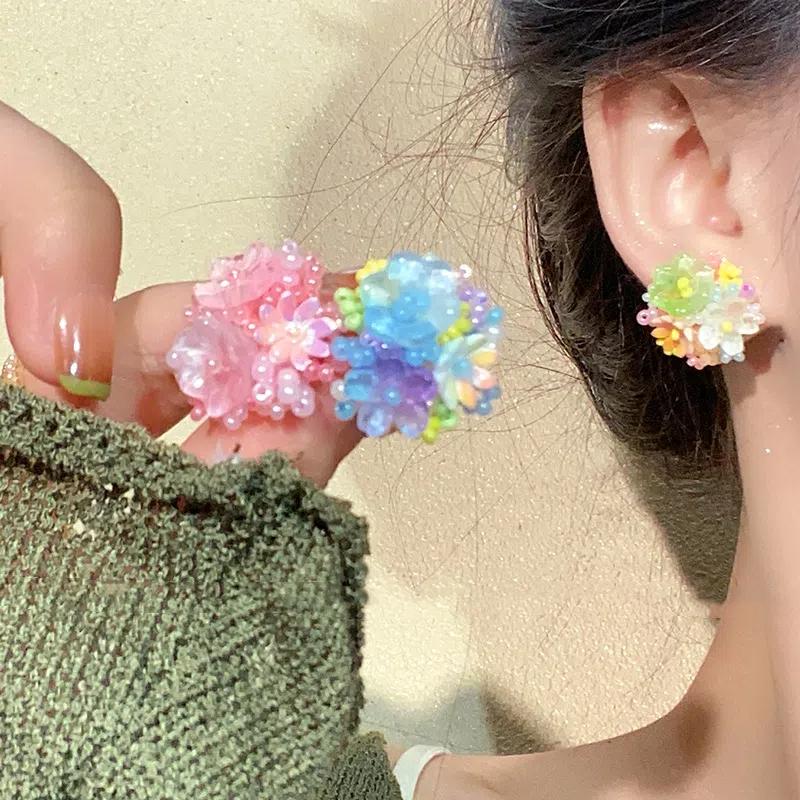 Colored Embroidered Ball Flower Stud Earrings For Women Contrasting Resin Flower Earrings Sweet  Ear Jewelry Accessories