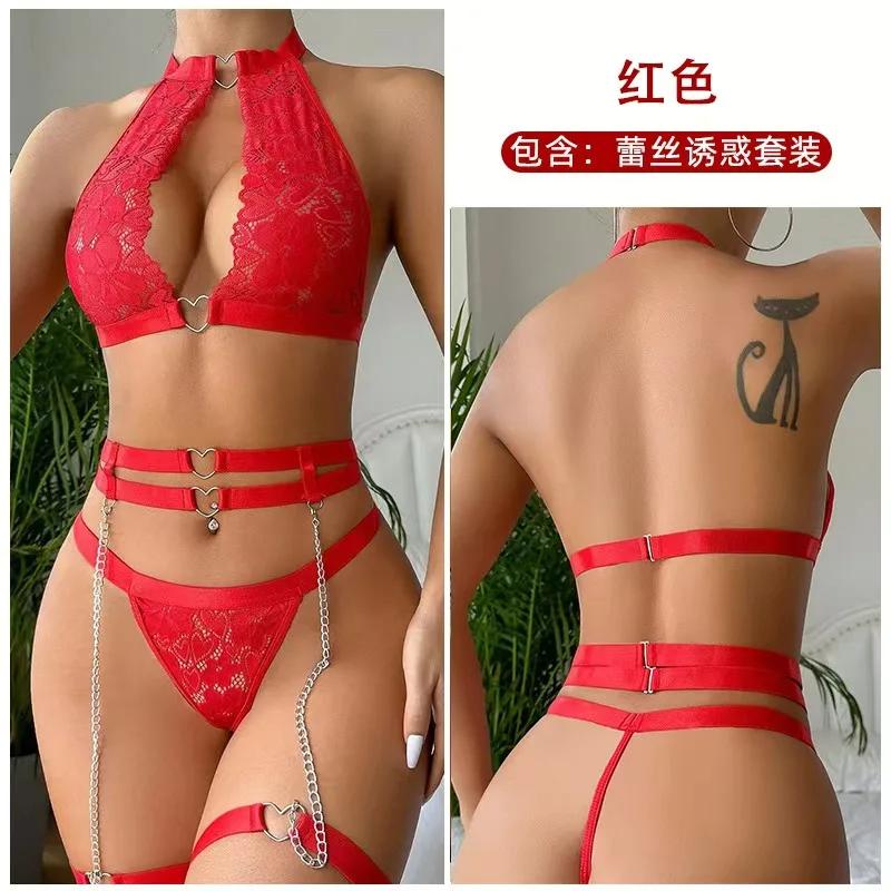 Women's lingerie set transparent mesh lace steel chain bra thong lingerie sexy bra