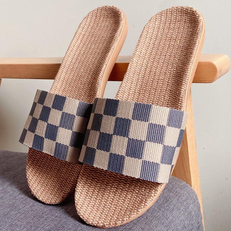 

Клетчатые летние новые четырехсезонные льняные тапочки женские домашние парные для деревянного пола комнатные с мягкой подошвой нескользящие тапочки мужские 44-45 (positive code)