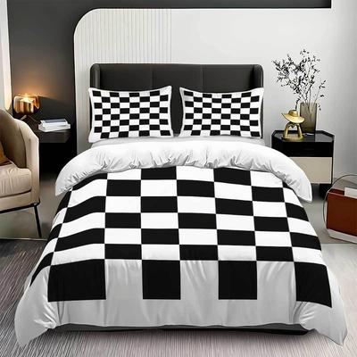 Temu Checkerboard Quilt Cover Three-Piece Set Geometric Black And White Splicing Polished Pillowcase Quilt Cover Home Textile Jit Urgent Mining