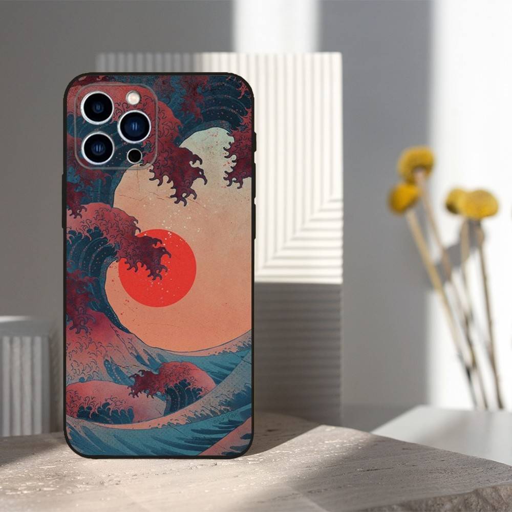Japanischer Kunststil Hülle Für iPhone 11,12,15,14,13,16,17,Plus,Pro Max,XS,X,XR,SE,Mini,8,7,Weiches Silikon Schwarz