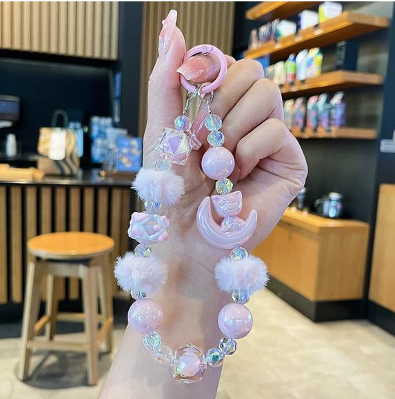 

New Women S Pom Pom Hand-Painted Bead Phone Chain Cute Dopamine Color Wrist Strap For Phone Case Bag Keychain