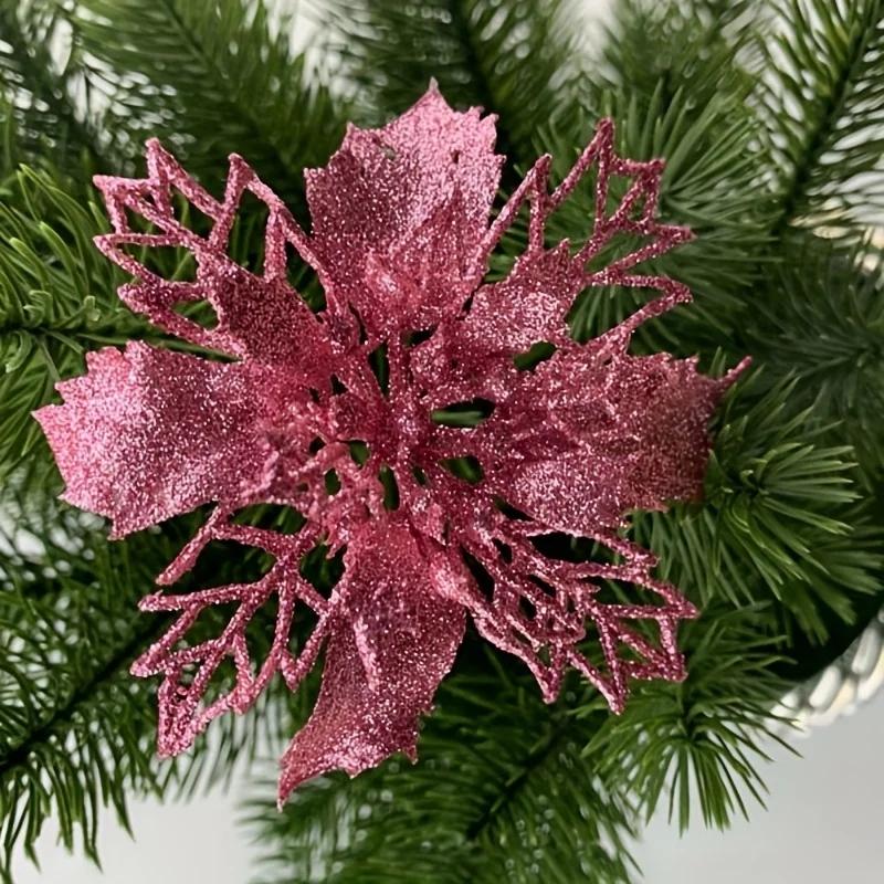 10pcs/set Christmas Glitter Flower 10cm Gold Silver Red Artificial Floral Head Xmas Tree Decoration Home New Year Navidad Gifts