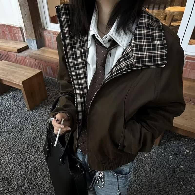 Unisex Retro Harrington Jacket – Plaid Lapel, Patchwork Design, Short Workwear Style for Spring/Autumn