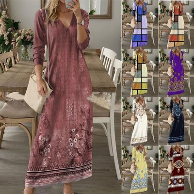 Women's Fashion Spring Fall Flower Pattern Print Long Sleeve V-Neck Middle Waistline Casual Dresses