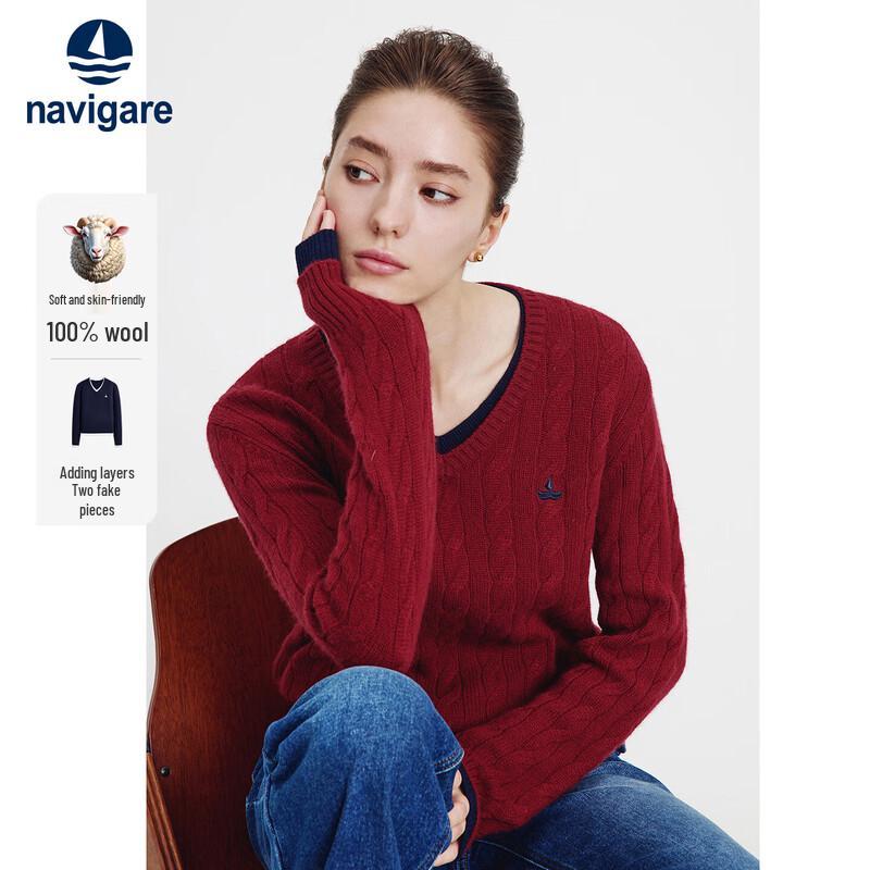 Navigare Women's V-Neck Faux Two-Piece 100% Wool Sweater