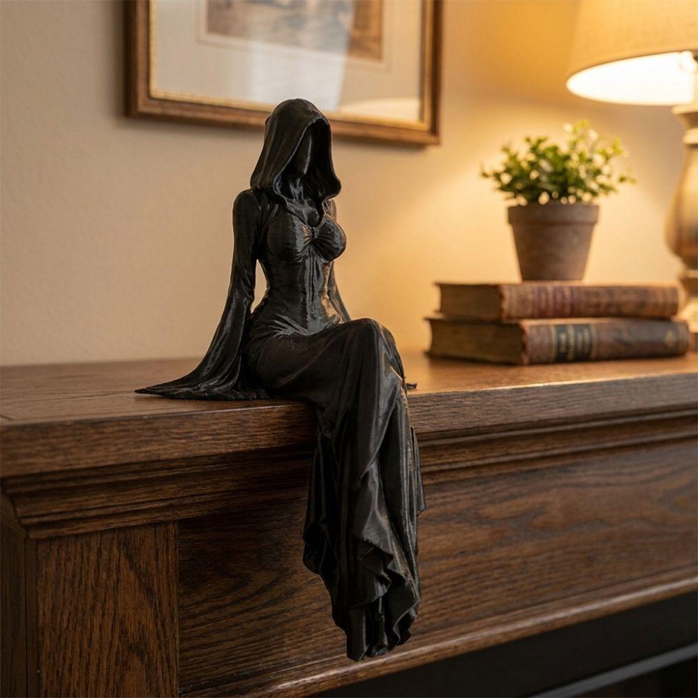 3D Printed Sitting Pose Lady Sculpture Gothic Style Hooded Woman Statue Home Decor