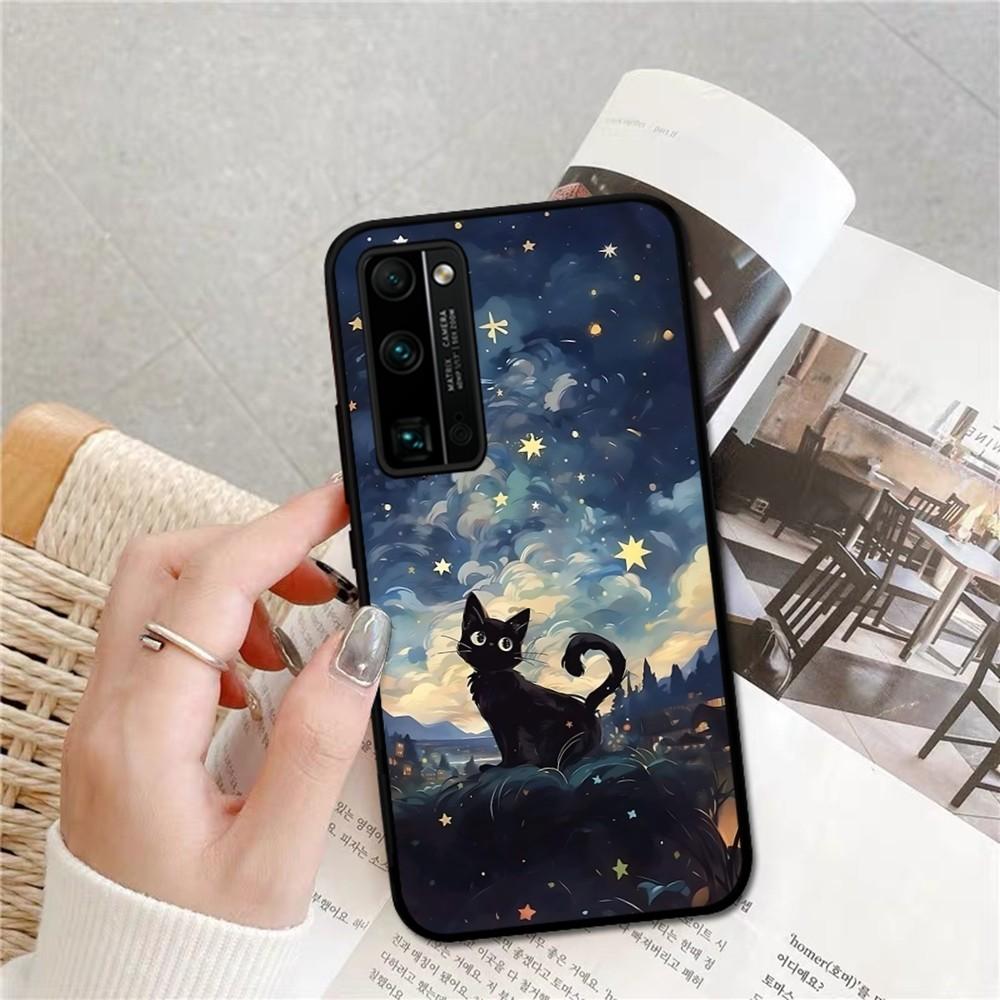 

Cartoon Animal Black Cat Oil Painting Phone Case For Huawei Honor 10 Lite 9 20 7A 9X 30 50 60 70 Pro Plus Soft Silicone Cover Huawei Honor v30 Pro