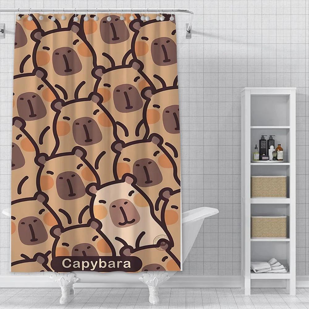 Wodoodporna zasłona prysznicowa z poliestru z farbą, kolorowe zasłony łazienkowe, kawaii kapibary, dekoracja domu i łazienki z haczykiem