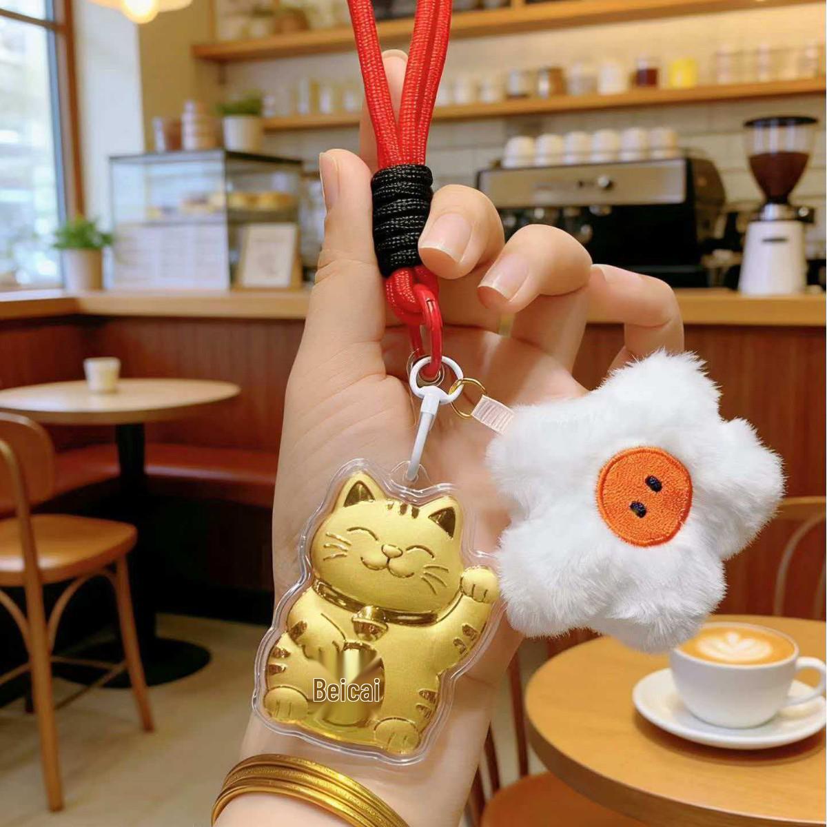 Golden 999 Gold Lucky Cat Keychain: Eight Directions Wealth Plush Pendant Gift
