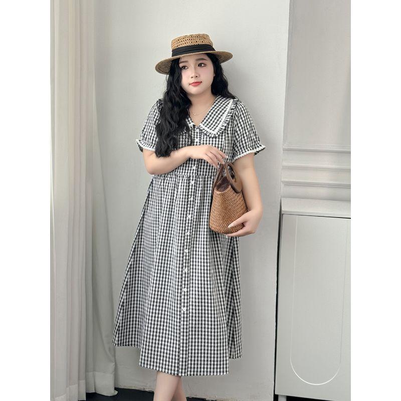 Plus size women clothing [Dew Fairy Tale] Summer French style Doll Collar Lace Stitching High Waist Slimming Plaid Dress