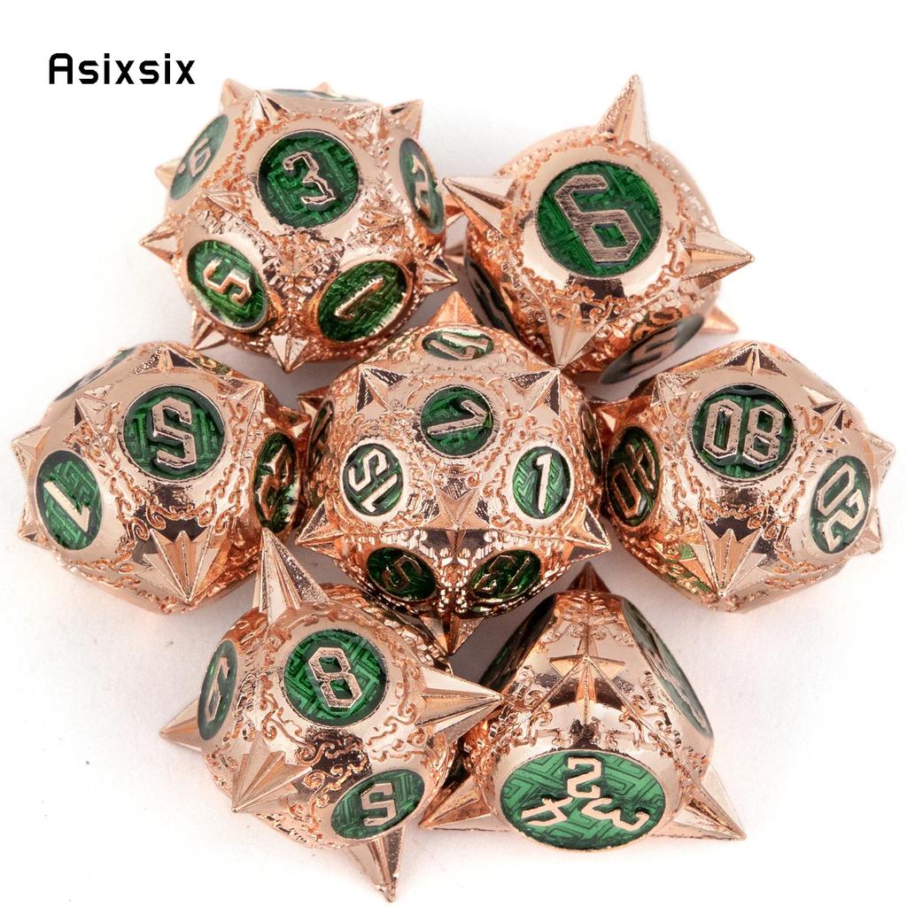 7 Pcs Copper Green Meteor Hammer Metal Dice Solid Metal Polyhedral Dice Set Suitable For Role-Playing Dice PropBoard Game Gift