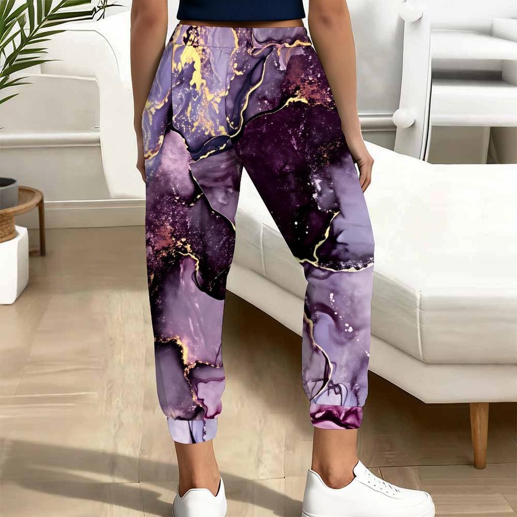 Summer Ladies Marble Printed Sweatpants Loose Fit Drawstring Joggers Elastic Cuff Daily Casual Pants
