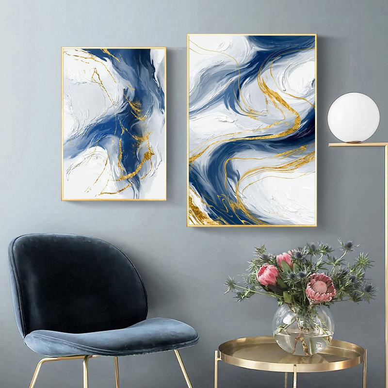 Luxury Style Blue Golden Abstract Simplicity Graphic Art Contemporary Canvas Painting Poster Print Wall Picture Home Decoration