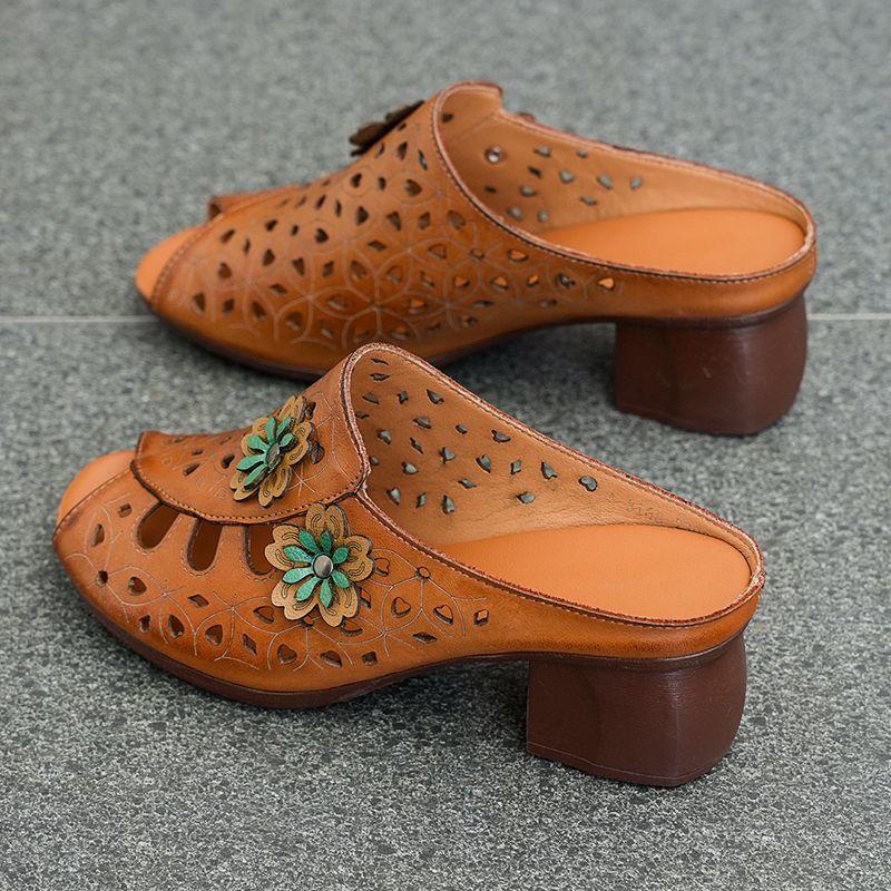 

Женские шлепанцы с полым цветочным узором, с открытым носком, удобные, универсальные, на среднем каблуке, женские сандалии, женская обувь 40 коричневый