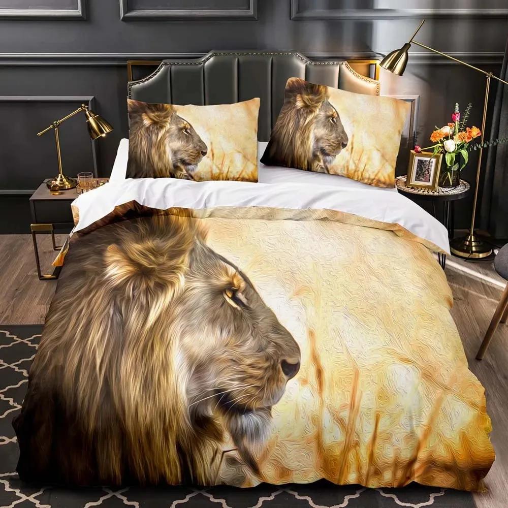 Lion King Queen Duvet Cover Watercolor Animal Bedding Set for Boys Teens Adults Colorful Wildlife 2/3pcs Polyester Quilt Cover