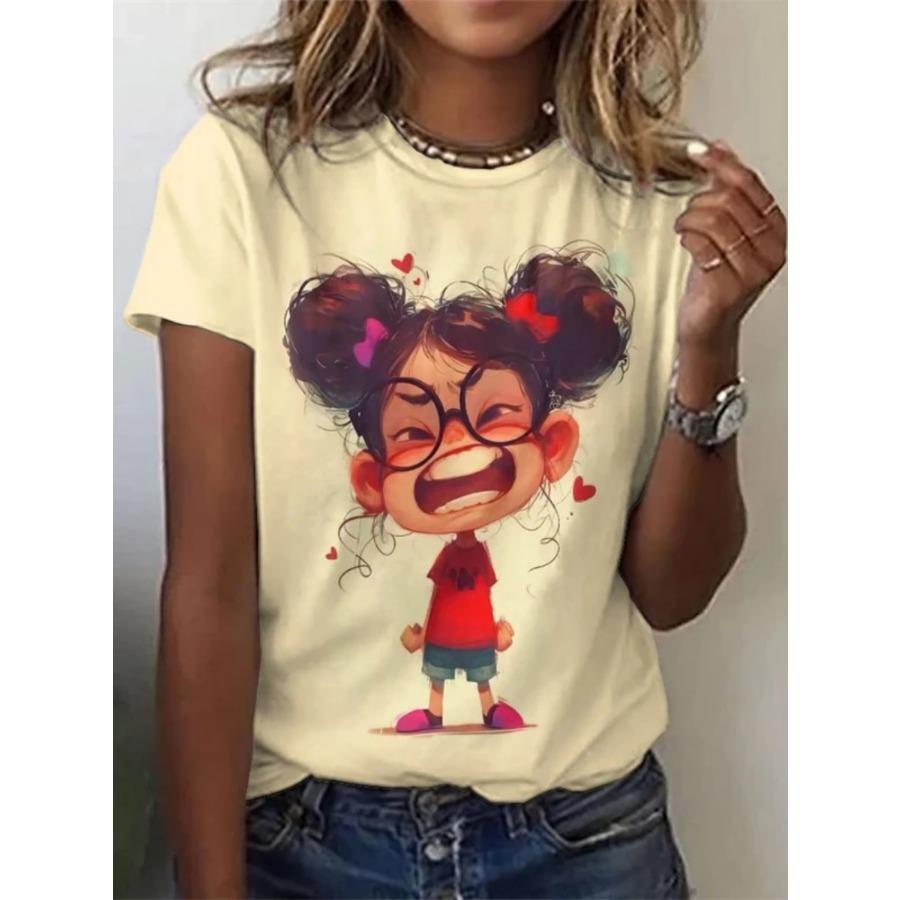 Abstract cartoon character pattern printed round neck T-shirt summer casual fashion short sleeved top women's clothing