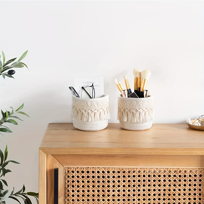 1 Stück Handgeflochtener Aufbewahrungskorb mit Quasten-Detail - Hypoallergen, Leichter Schreibtisch-Organizer für Kosmetik, Stifte & mehr