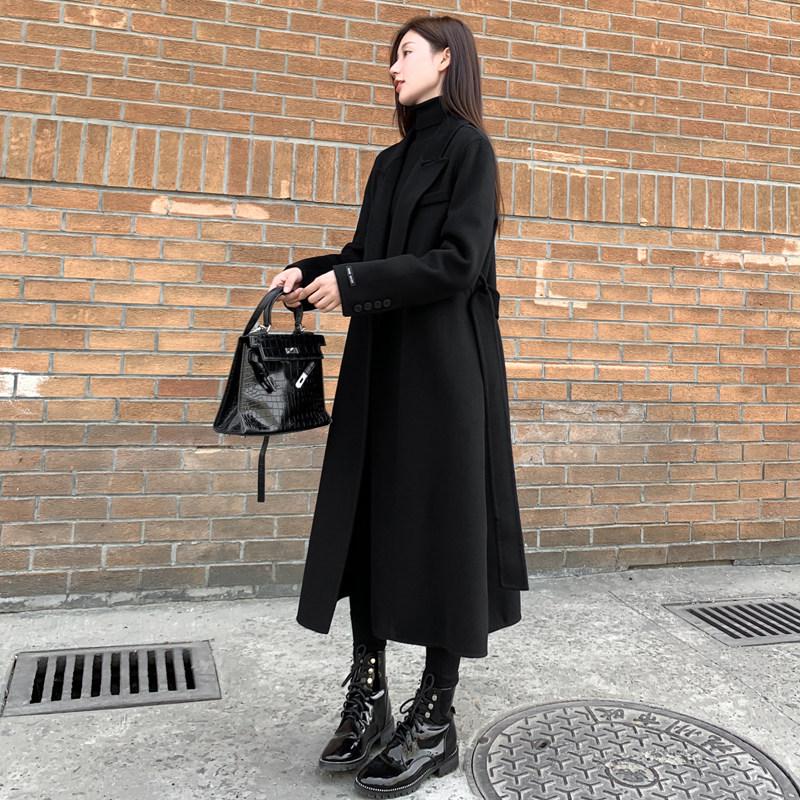 

Double-Faced Black Cashmere Wool Coat for Women - Mid-Length, Over-the-Knee, Belted, Winter Korean Style (2325). L up to 64kg чорний