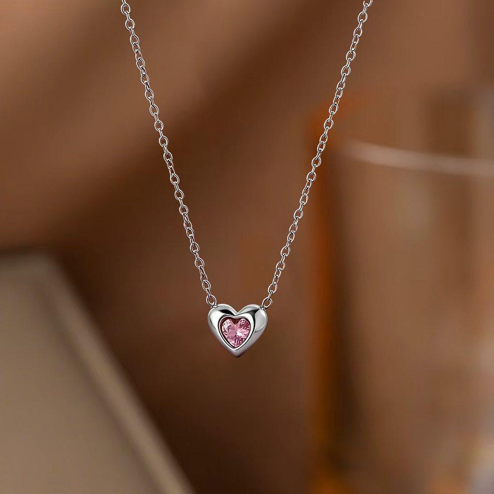 Heart Pendant Necklace - Titanium Steel Gold Plated Choker with Pink Zircon - Waterproof Delicate Love Jewelry for Women & Girls