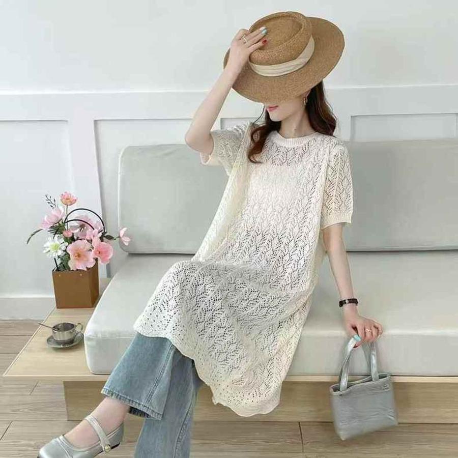 Women's Knitted Sweaters Lady Hollow out Mesh Thin Pullover See Through Look short Sleeve Loose long Tops Smock Two outfits 2025