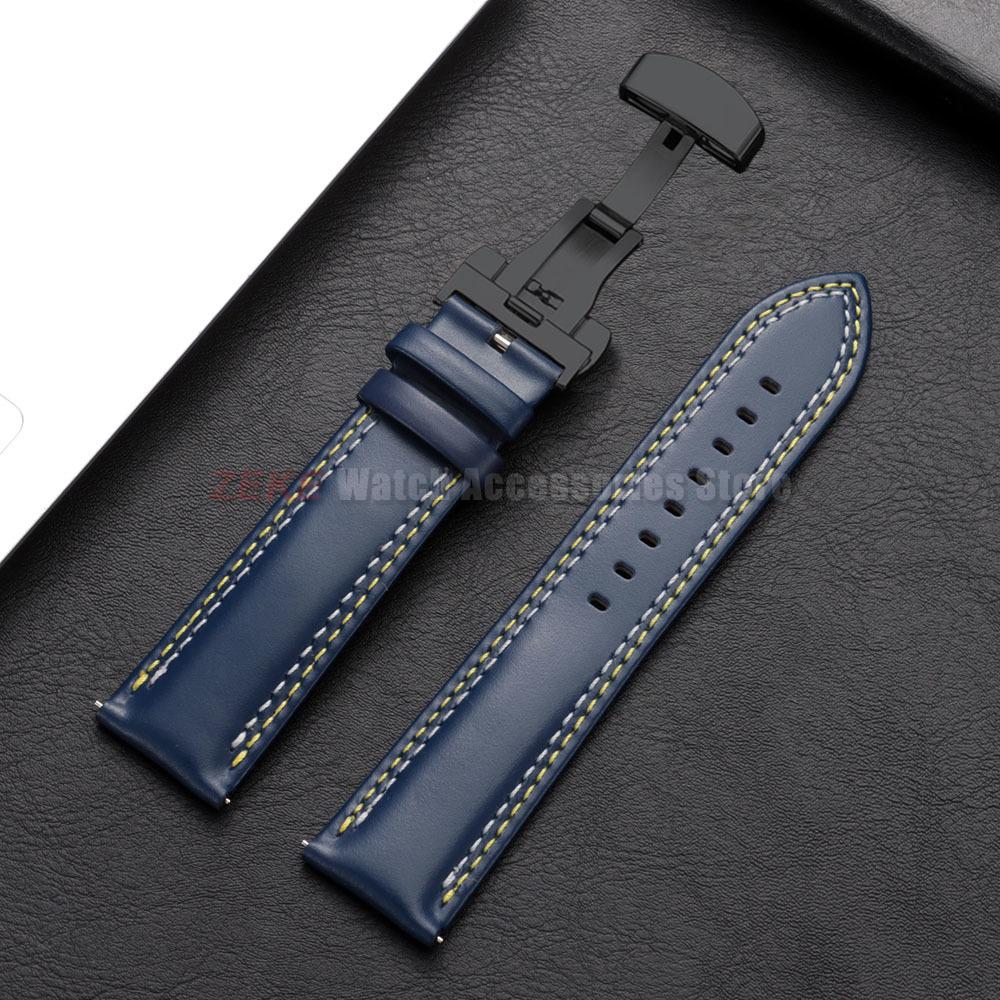 Doppelt genähtes Echtleder Uhrenarmband 20mm 22mm 24mm Armband für Seiko Faltschließe Rindslederband für Omega Uhrenarmband