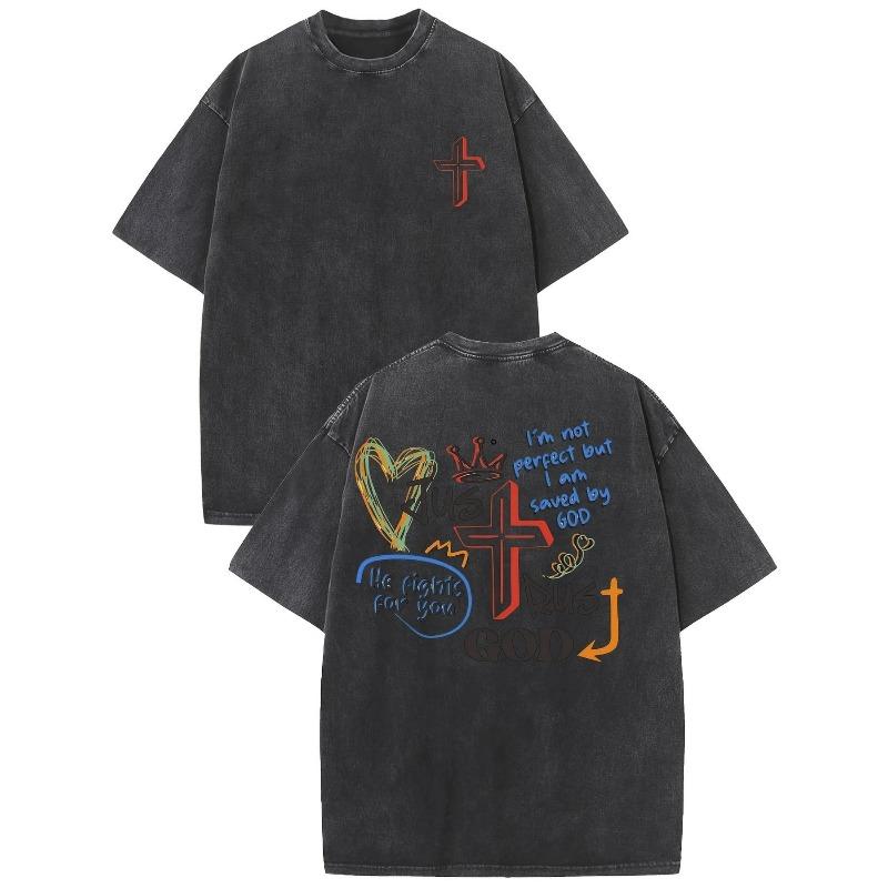 Vintage Washed Double Sided Print T-Shirt, Graffiti Cross Heart And Letter Graphic Crew Neck Casual Cotton Short Sleeve Top