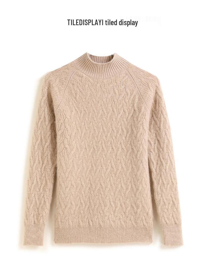 Women's Cable Knit Half-High Neck Cashmere Sweater - Loose, Thick, Warm Base Layer