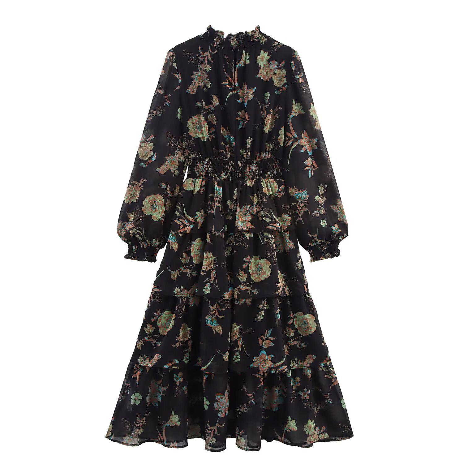 Women s European & American Style French Chiffon Floral Print High Neck Waist-Cinched Dress M