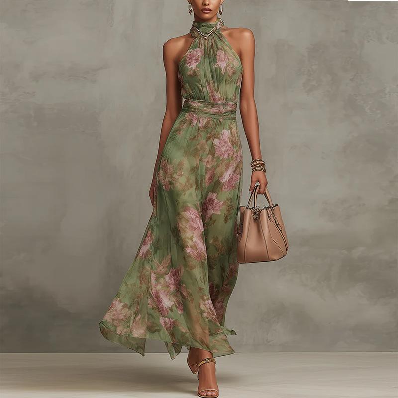 Retro Fashion Maxi Dress Summer Sleeveless Simple Print Ruffled Dresses Streetwear for Women's Clothing Holiday Party