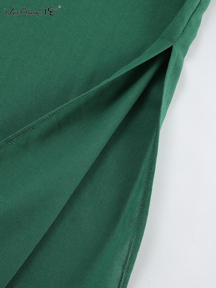 Green Tank Dresses Summer Cotton Linen Sleeveless Straight Split Dress 2026 All-Match Midi Dress Vacation Style Lady