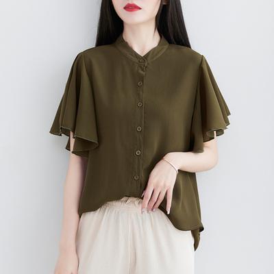 Literary Summer Loose Stand Collar Solid Color Short Sleeve Shirt Women's Fashion Flying Sleeve Blouse Top